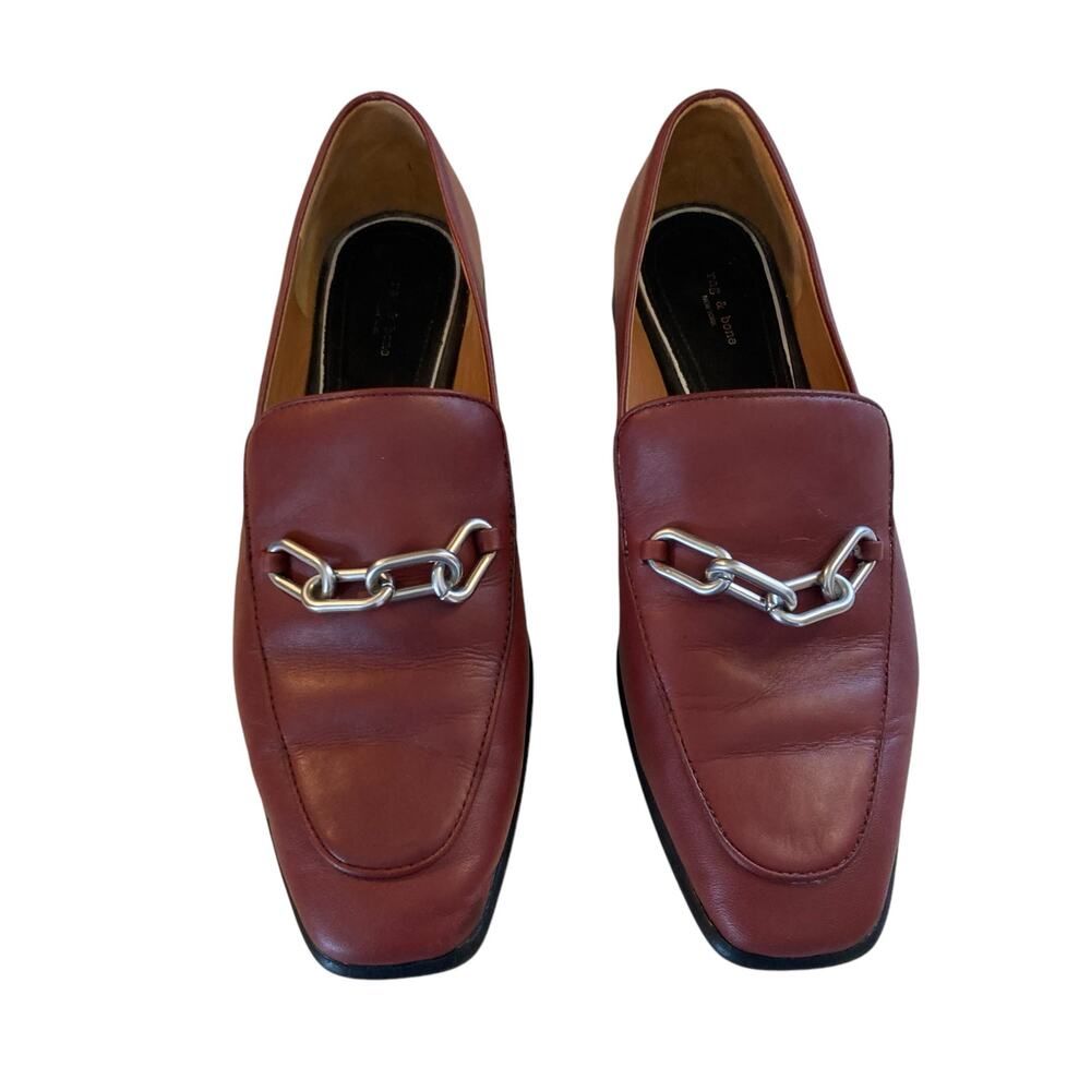 Rag Bone Aslen Leather Loafers Sz 37.5 Russet Red Chain Accent Classic Old Money - Picture 15 of 15